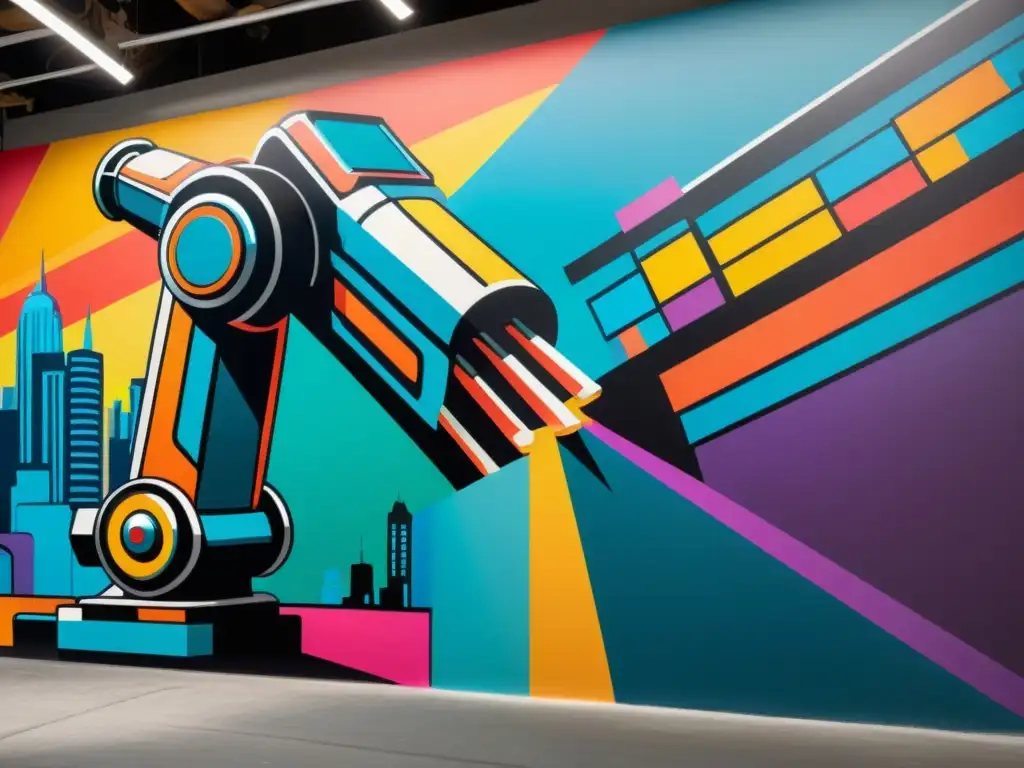 Una herramienta robótica para artistas pinta un mural dinámico y colorido en una pared en un estilo vintage, reflejando la fusión de tecnología y arte