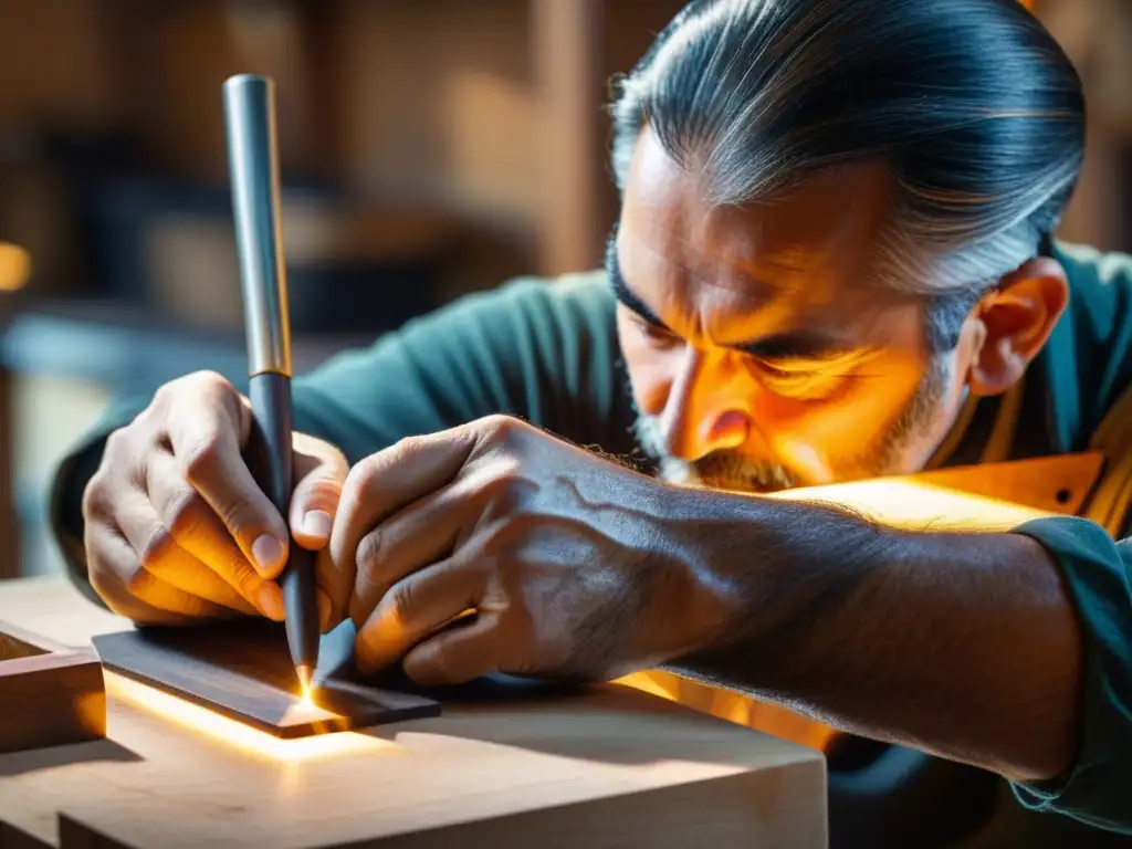 Un luthier usa herramientas digitales para esculpir madera, con luz cálida resaltando su dedicación y la construcción de instrumentos