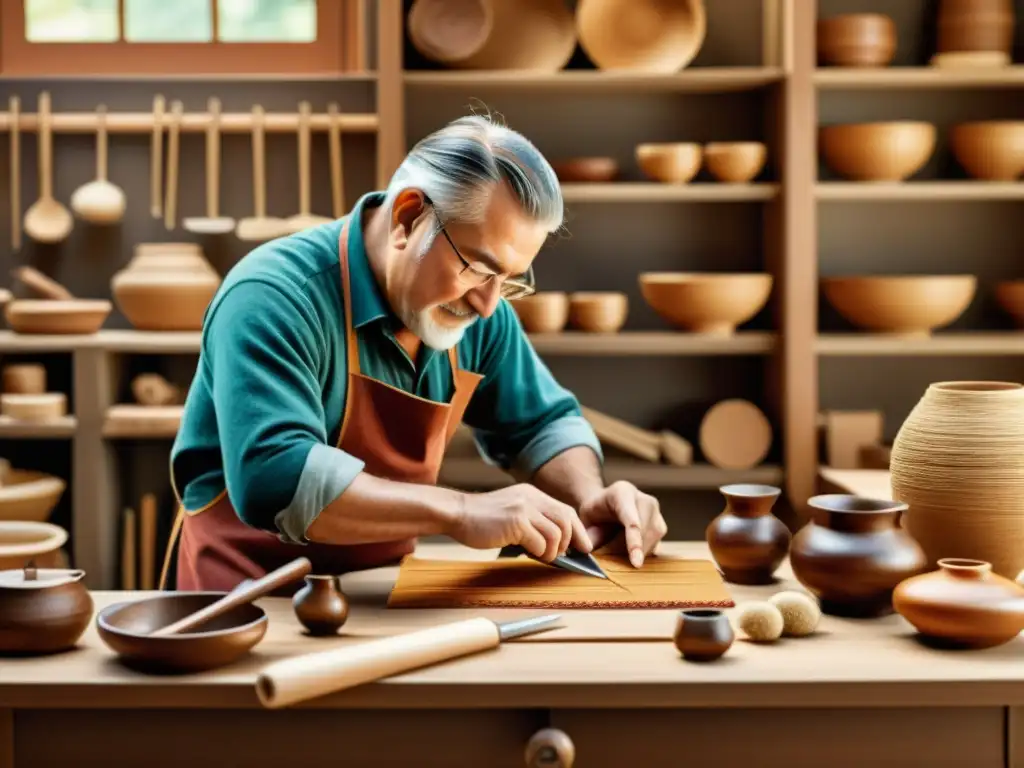 Herramientas digitales para artesanía tradicional: Ilustración vintage de un taller artesanal con artesanos dedicados y detallistas