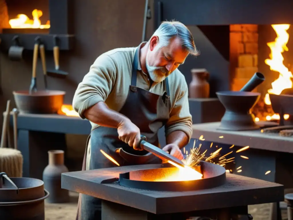 Un herrero trabajando en una herrería artesanal, moldeando metal con chispas, fusionando tradición e innovación en la era de la impresión 3D