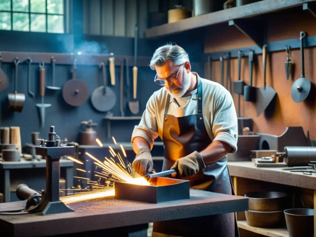 Un herrero artesano crea una obra de metal en un taller moderno, fusionando la artesanía tradicional en la era digital