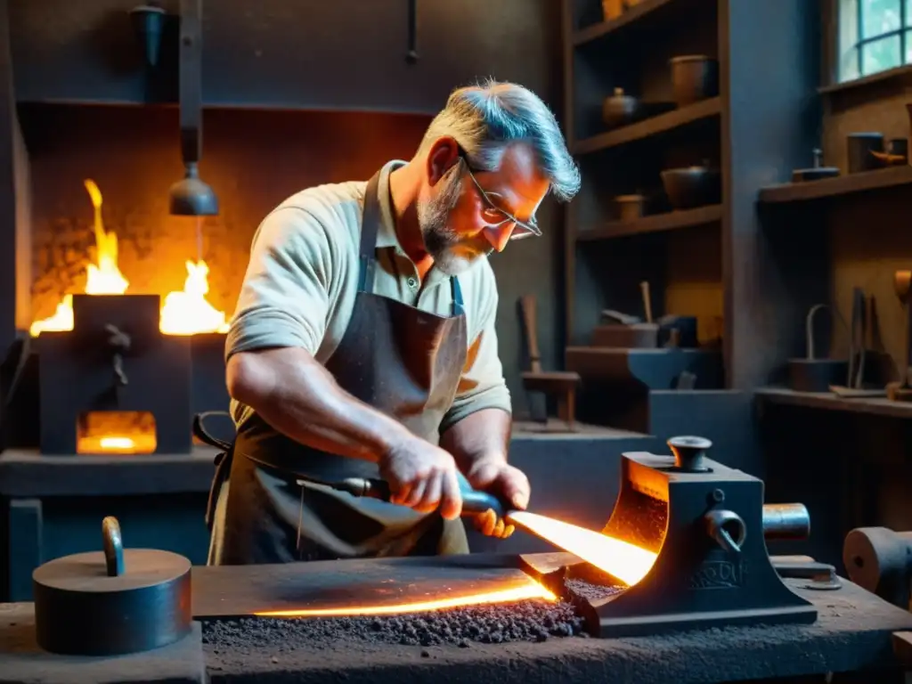 Un herrero forja con cuidado el metal candente en su taller antiguo, rodeado de herramientas ancestrales y equipo tradicional de metalurgia