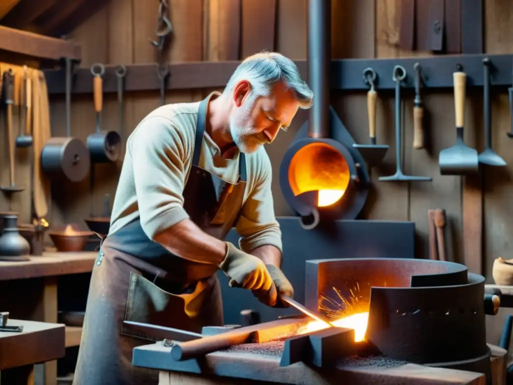 Un herrero experto forja metal en un taller tradicional, exudando artesanía tradicional en la era digital