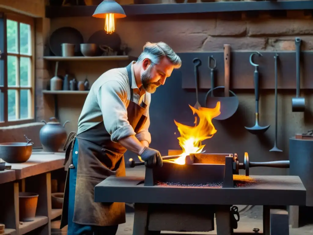 Un herrero experto moldea metal en su taller, rodeado de calidez y tradición