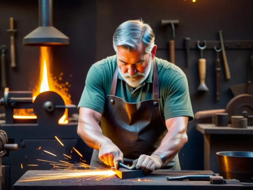 Un herrero dando forma a un metal con precisión en su taller iluminado por brasas, resaltando la artesanía de la forja de metales con tecnología