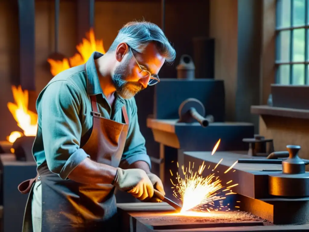 Un herrero utiliza herramientas digitales para metal artesanal en un taller vintage con un ambiente cálido y tradicional