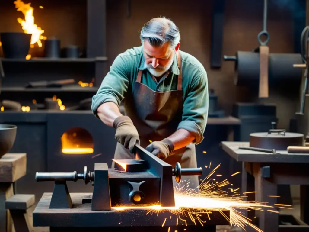 Un herrero trabaja con herramientas vintage en su taller, moldeando metal al rojo vivo en un ambiente cálido y nostálgico de artesanía tradicional