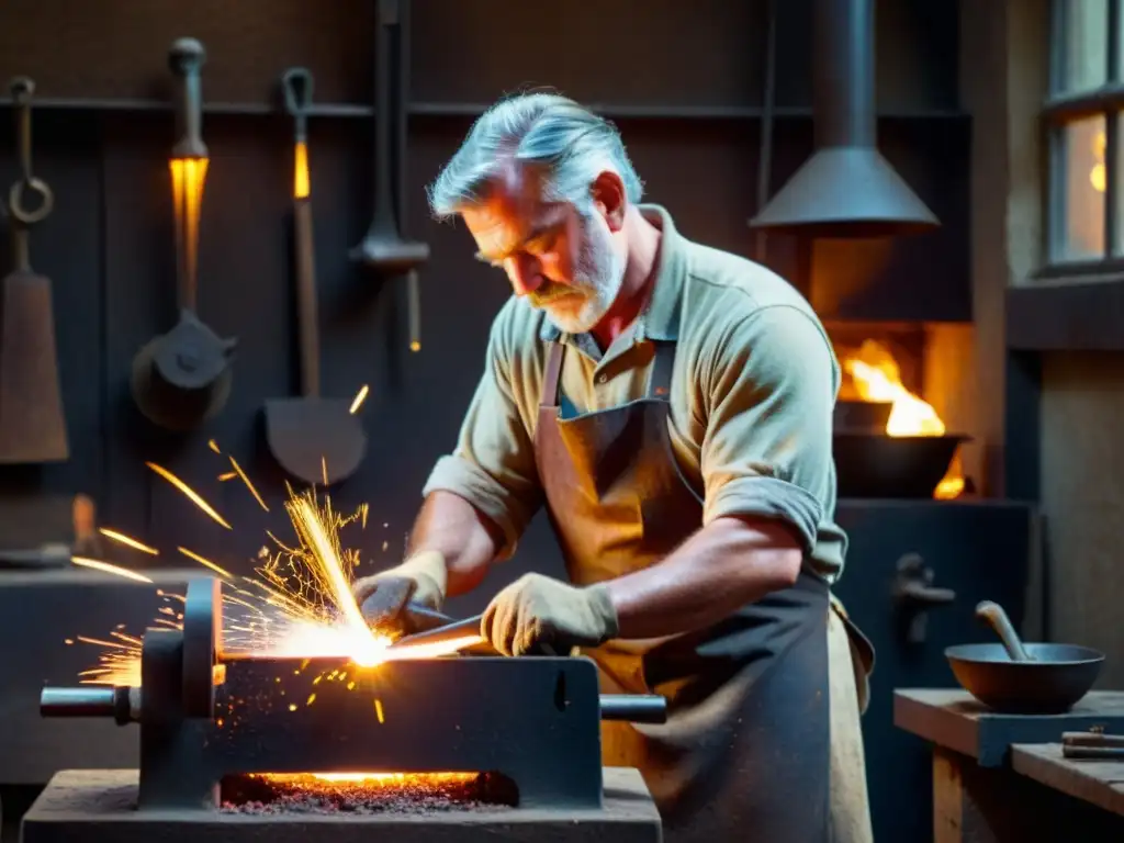 Un herrero moldea metal fundido en su taller, con chispas volando al golpearlo con el martillo