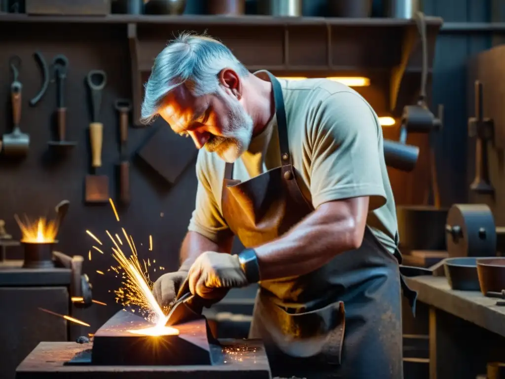 Un herrero moldeando metal fundido en su yunque en un taller antiguo, con chispas y un ambiente de concentración