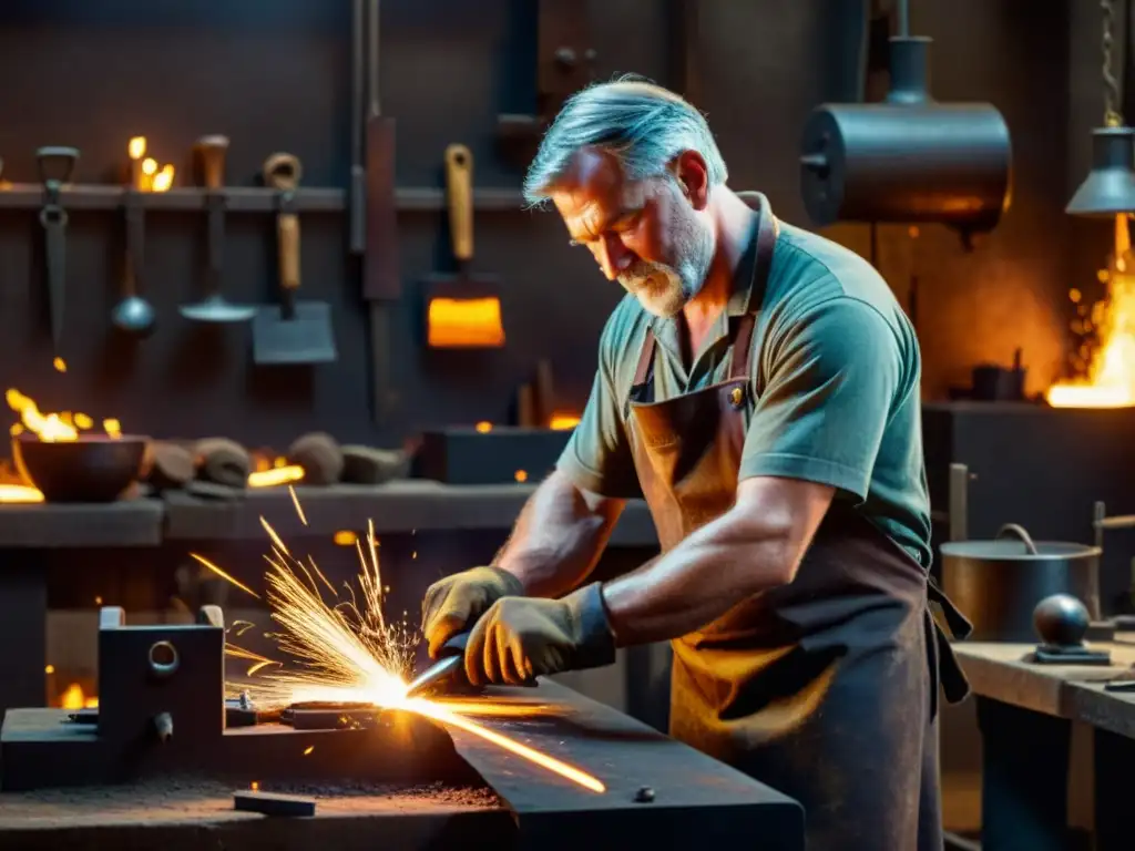 Un herrero forjando metal en su taller, con herramientas antiguas y metal al rojo vivo