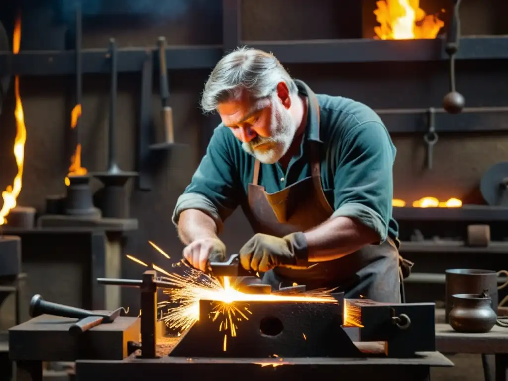 Un herrero forjando metal en su taller, rodeado de herramientas antiguas y metal al rojo vivo