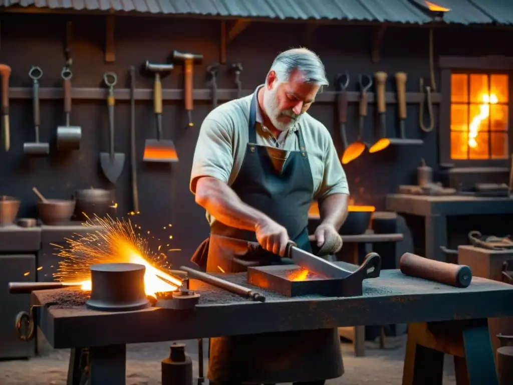 Un herrero forjando metal en su taller, rodeado de herramientas antiguas y metal al rojo vivo