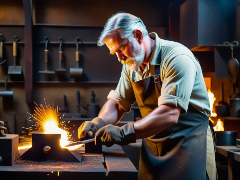 Un herrero trabajando en su taller iluminado por el cálido resplandor del fuego, forjando metal con destreza