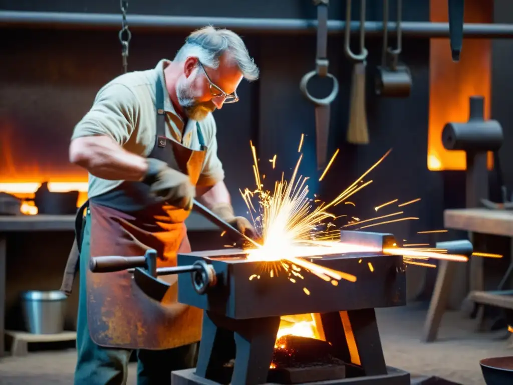 Un herrero en su taller iluminado por la luz anaranjada de la fragua, crea una obra de arte con destellos de metal fundido