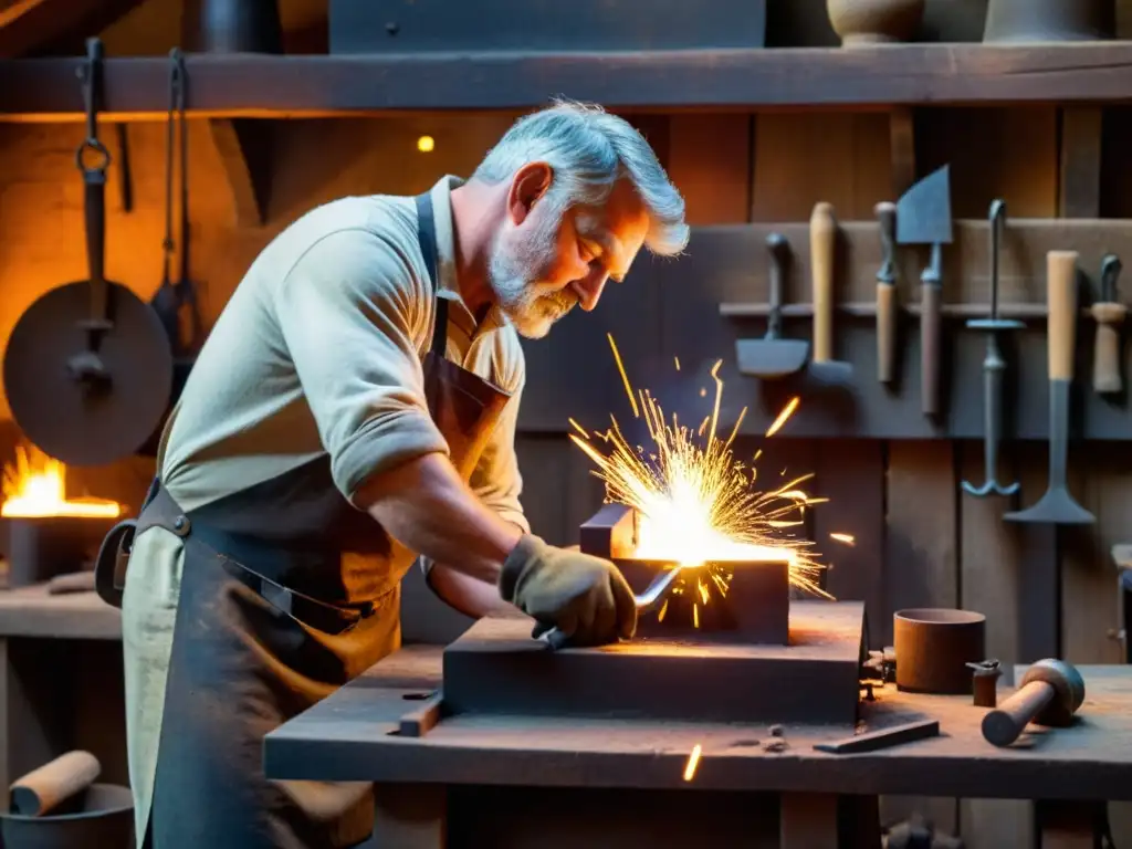 Un herrero en su taller, forjando metal con destreza y precisión