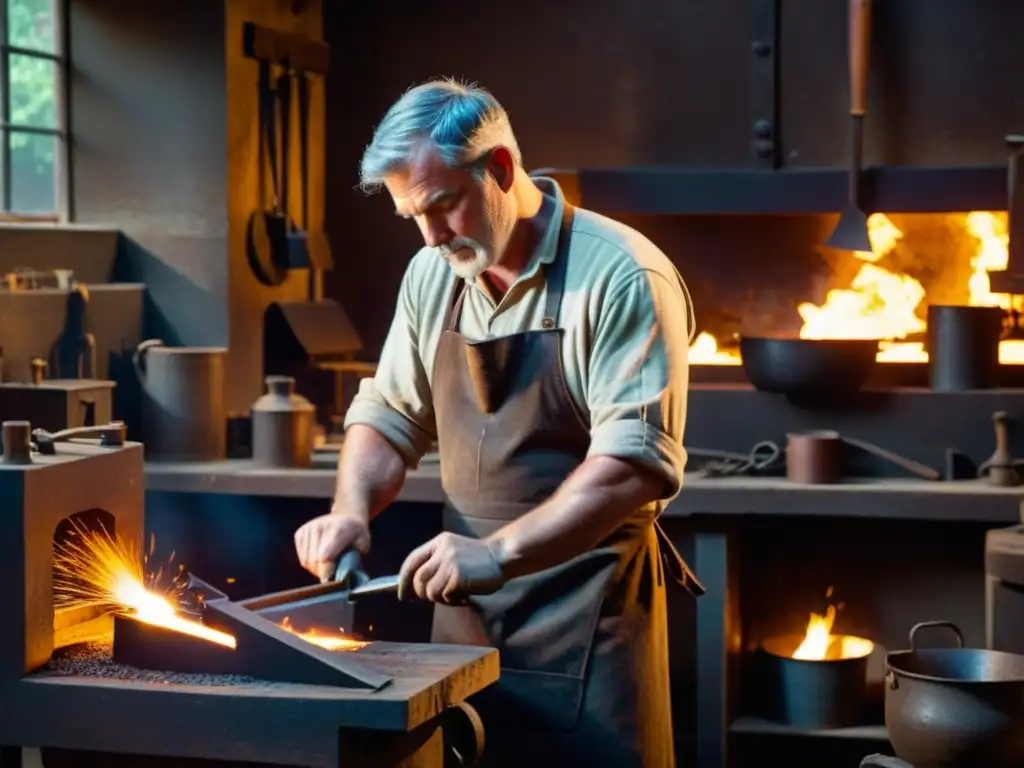 Un herrero trabajando en su taller, forjando metal con concentración