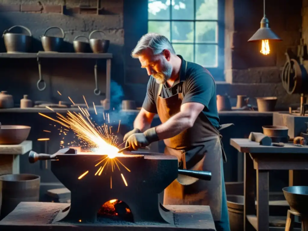 Un herrero tradicional trabaja el metal en su taller, rodeado de herramientas antiguas y brasas incandescentes