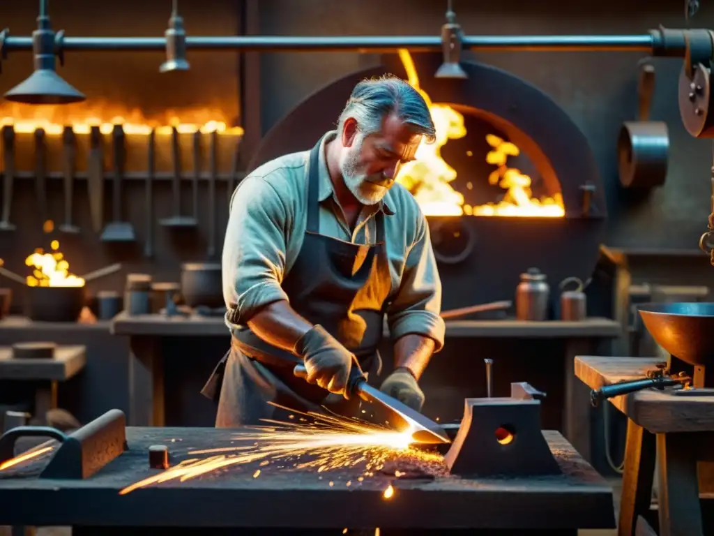 Un herrero tradicional trabaja en su taller, forjando metal al rojo vivo