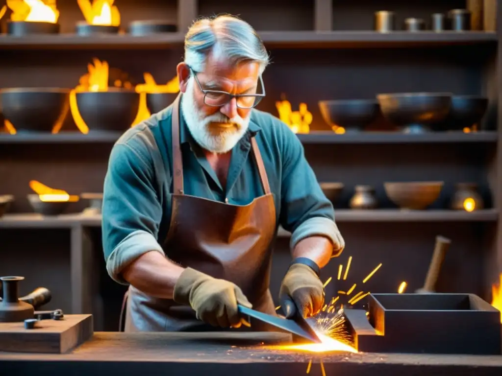 Un herrero vintage da forma a un metal con patrones intrincados, rodeado de herramientas tradicionales y materiales inteligentes, fusionando artesanía ancestral con innovación