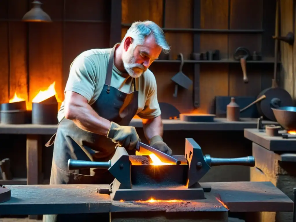 Un herrero vintage trabaja en su taller, forjando metal con destreza bajo la luz tenue