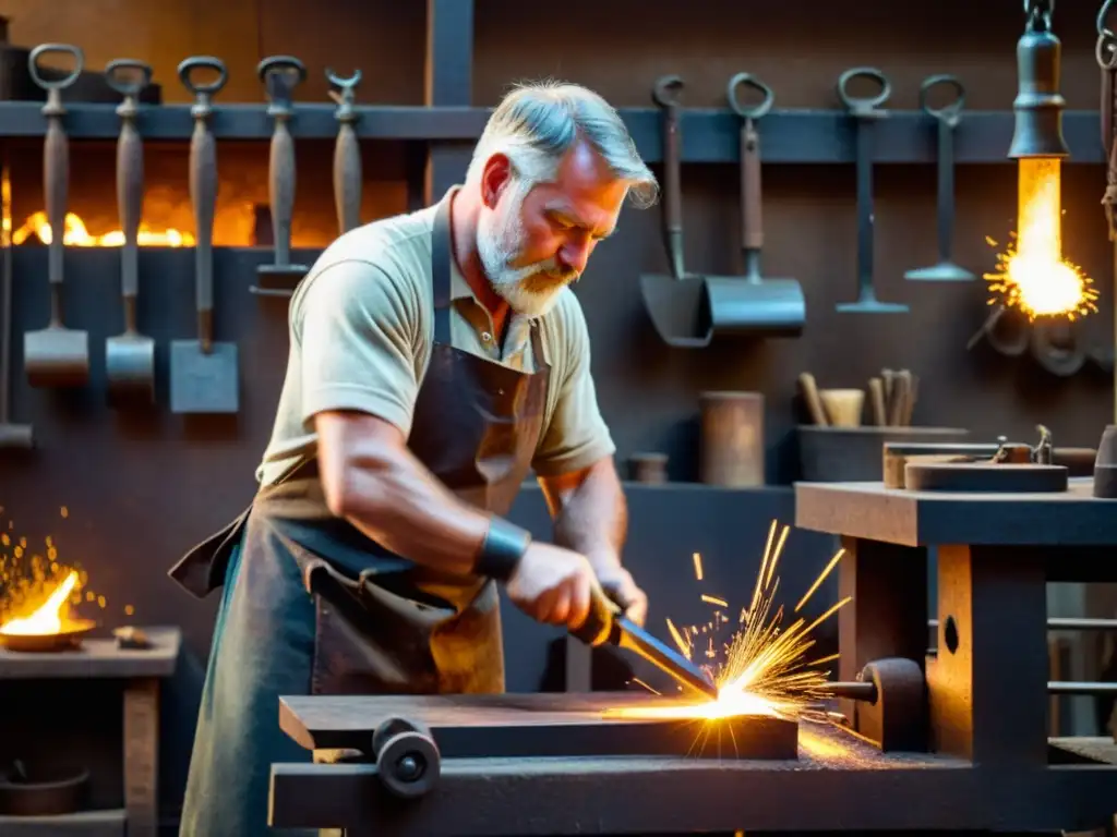 Un herrero vintage trabaja en su taller, rodeado de metal incandescente, forjando una obra de arte