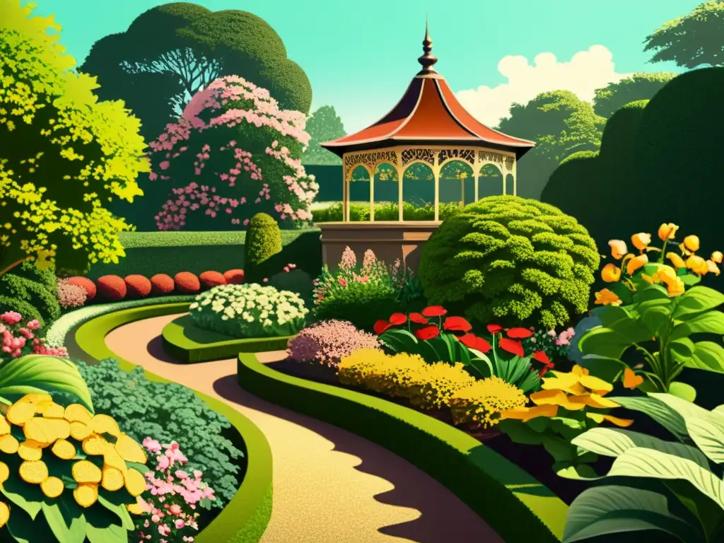 Una ilustración digital detallada de un exuberante jardín botánico, con plantas vibrantes en pleno esplendor