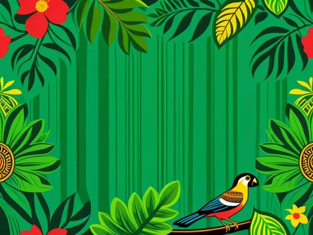 Una ilustración digital detallada y vintage del exuberante paisaje amazónico, con flora, fauna y arte indígena