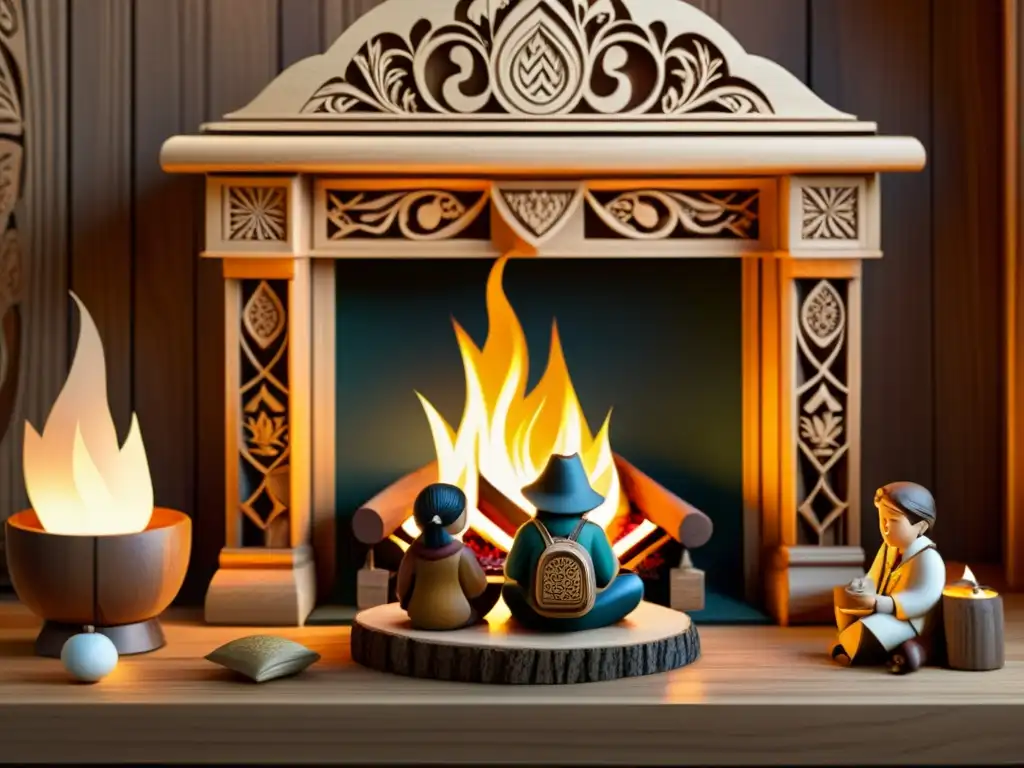 Una ilustración digital de un narrador junto a una hoguera, rodeado de detalladas tallas de madera que cobran vida