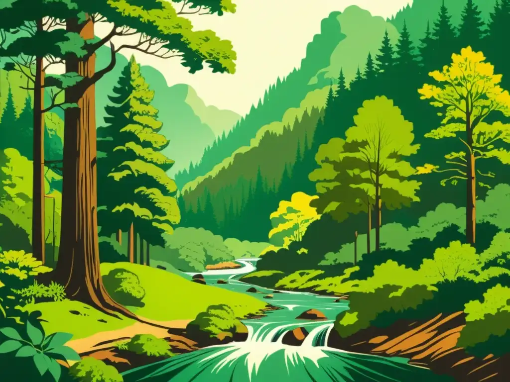 Una ilustración vintage de un exuberante bosque verde con árboles altos, follaje vibrante y un arroyo soleado