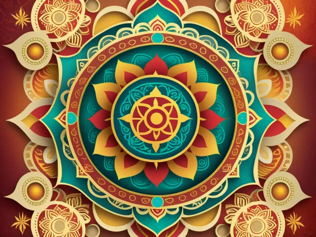 Una ilustración vintage de un intrincado mandala colorido con símbolos y motivos tibetanos, rodeado de patrones y formas geométricas