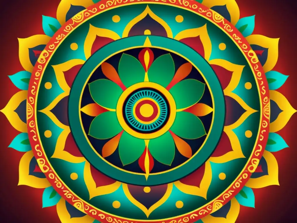 Una ilustración vintage de un mandala tibetano con patrones geométricos intrincados y colores vibrantes, rodeado de elementos de animación digital