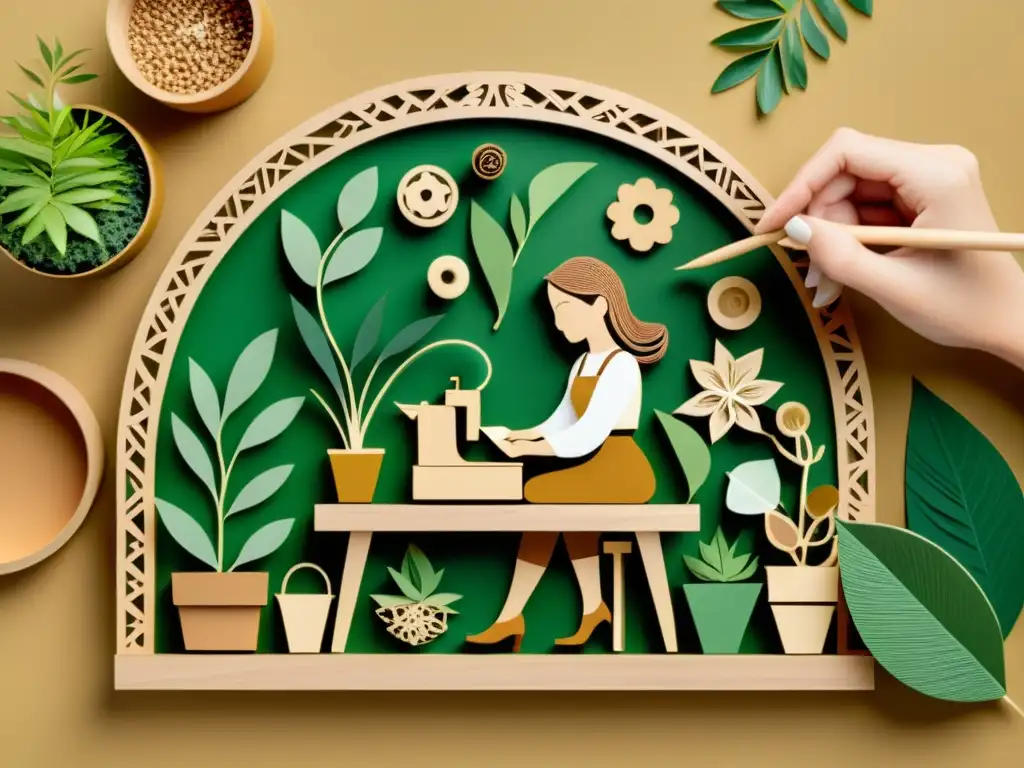 Un ilustrador digital crea una obra con materiales reciclados, rodeado de naturaleza, reflejando la artesanía y la ecoconciencia