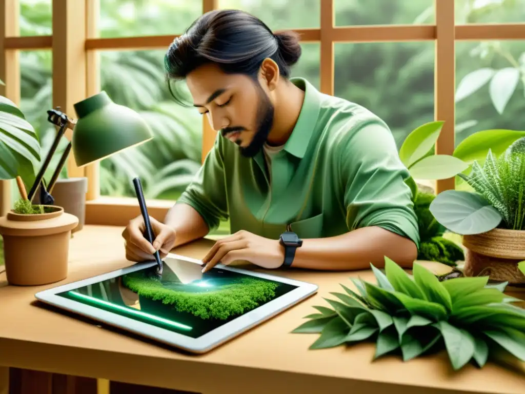 Un ilustrador digital realiza su obra rodeado de elementos naturales, priorizando prácticas ecológicas en artesanía digital