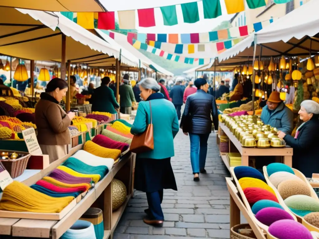 Imagen de un animado mercado artesanal con coloridas artesanías en puestos variados