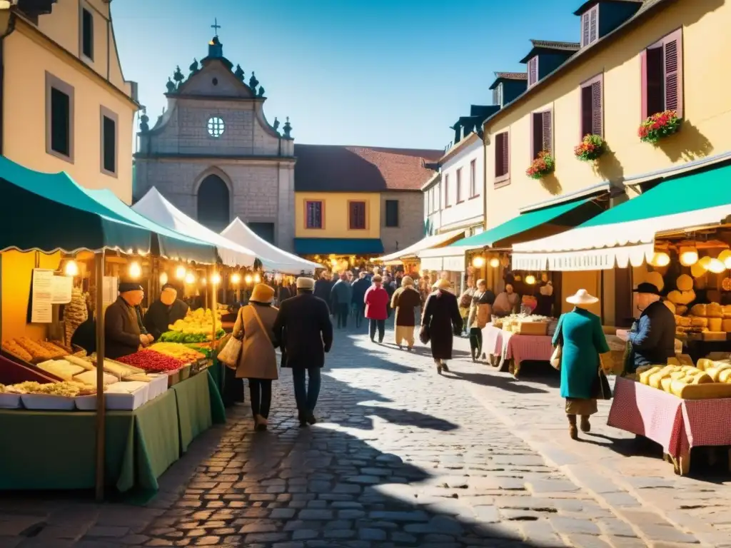 Imagen de un animado mercado vintage en un pueblo histórico, con puestos coloridos vendiendo artesanías tradicionales y delicias locales