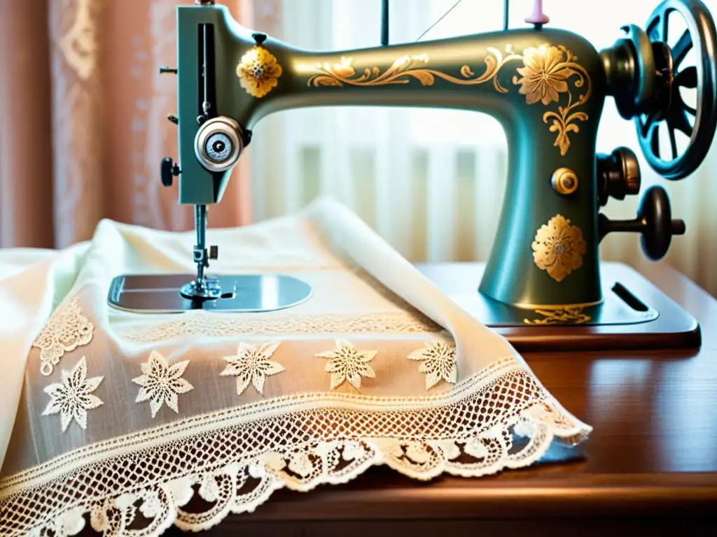 Imagen de una antigua máquina de coser con engravings florales, sobre una mesa de madera