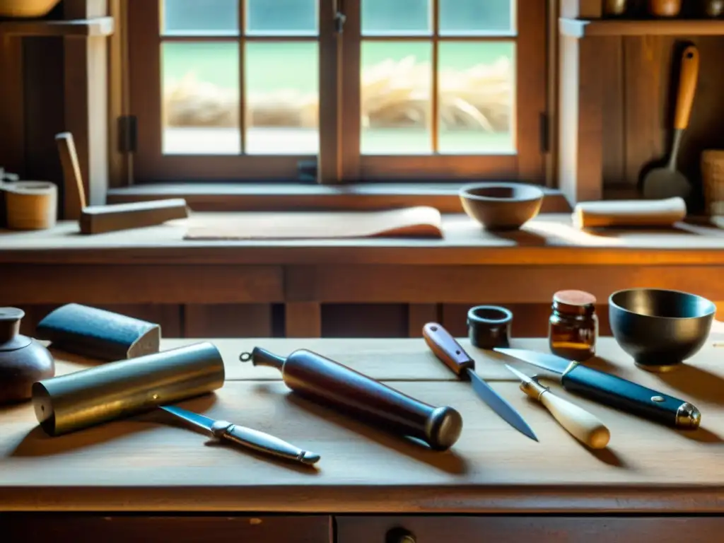 Una imagen de una antigua mesa de trabajo de madera con herramientas artesanales, iluminada por luz suave