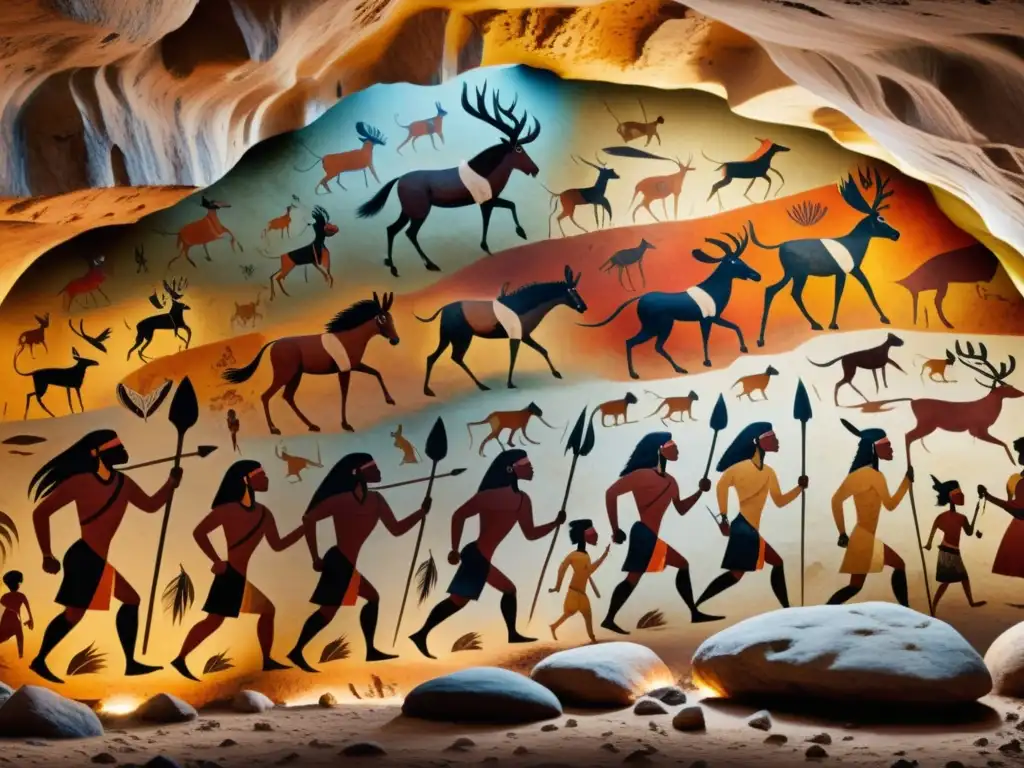 Pintura rupestre de caza y recolección: arte indígena en cueva Imagen de arte rupestre indígena digital con vibrantes colores y detalles intrincados, evocando la caza y la recolección en la antigüedad