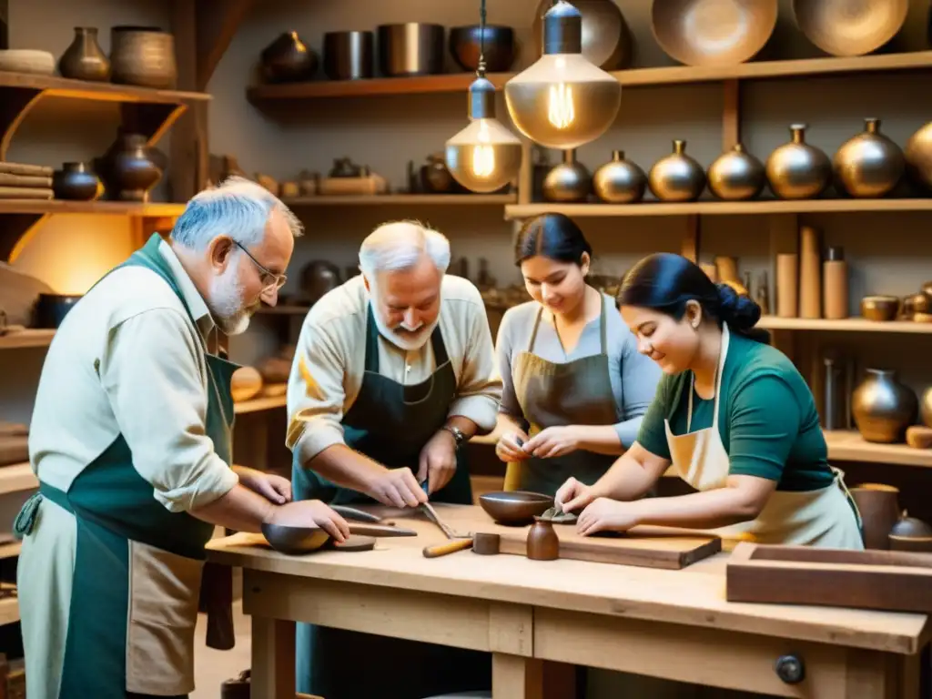 Imagen de artesanos trabajando juntos en un taller tradicional, rodeados de herramientas y productos artesanales