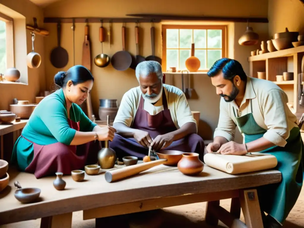 Imagen de artesanos en taller de artesanía tradicional, destacando la colaboración y la creatividad en proyectos colaborativos