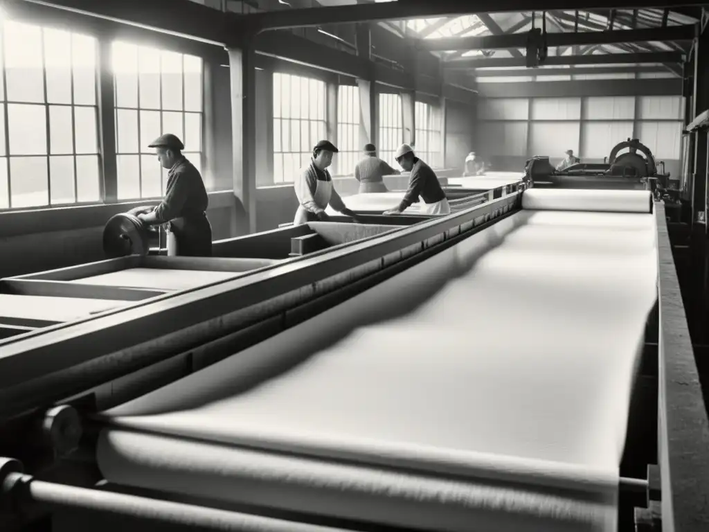 Imagen en blanco y negro de una fábrica de papel tradicional, donde los trabajadores realizan el proceso artesanal de fabricación de papel