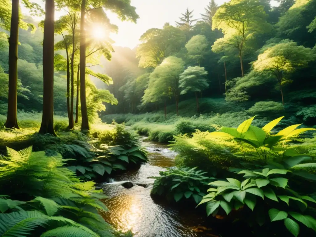 Imagen de un bosque exuberante y vibrante con luz solar filtrándose entre las hojas, creando un cálido resplandor dorado