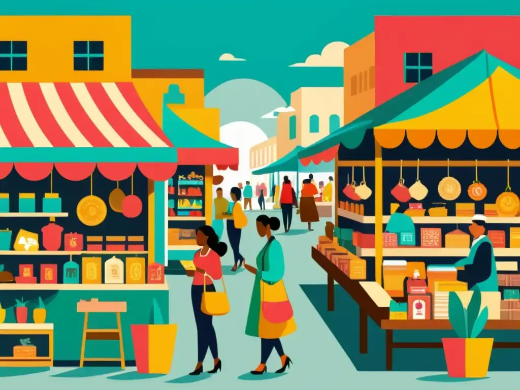 Imagen de un bullicioso mercado con artesanías, colores vibrantes y vendedores modernos, representando el marketing digital para artesanos modernos