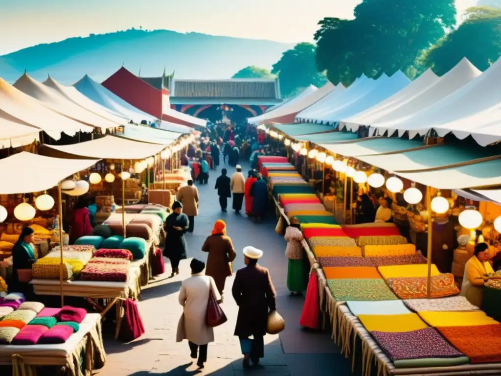 Imagen de un bullicioso mercado étnico con artesanías coloridas y textiles hechos a mano