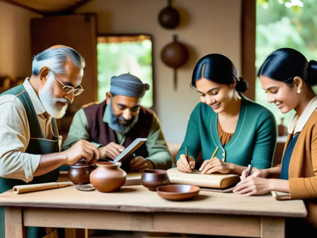 Imagen de cooperativas artesanales digitales, donde artesanos trabajan con herramientas tradicionales y dispositivos digitales en un ambiente cálido y nostálgico, fusionando lo tradicional con lo moderno