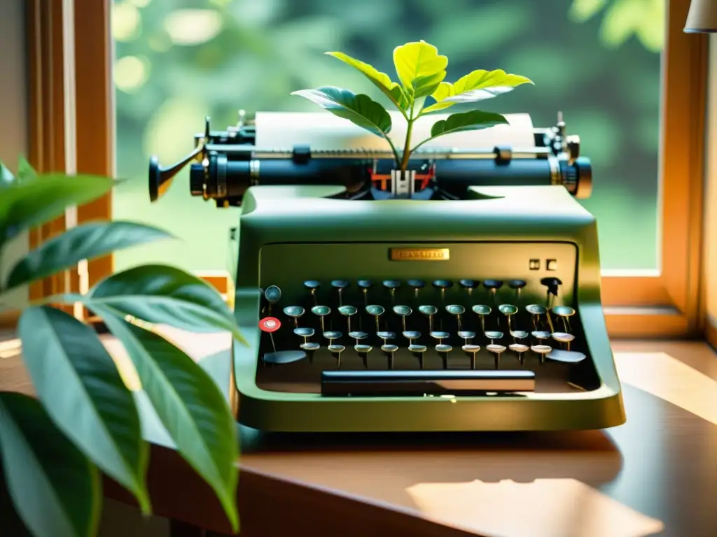 Una imagen detallada en 8k de una antigua máquina de escribir con una exuberante planta verde, bañada por luz natural