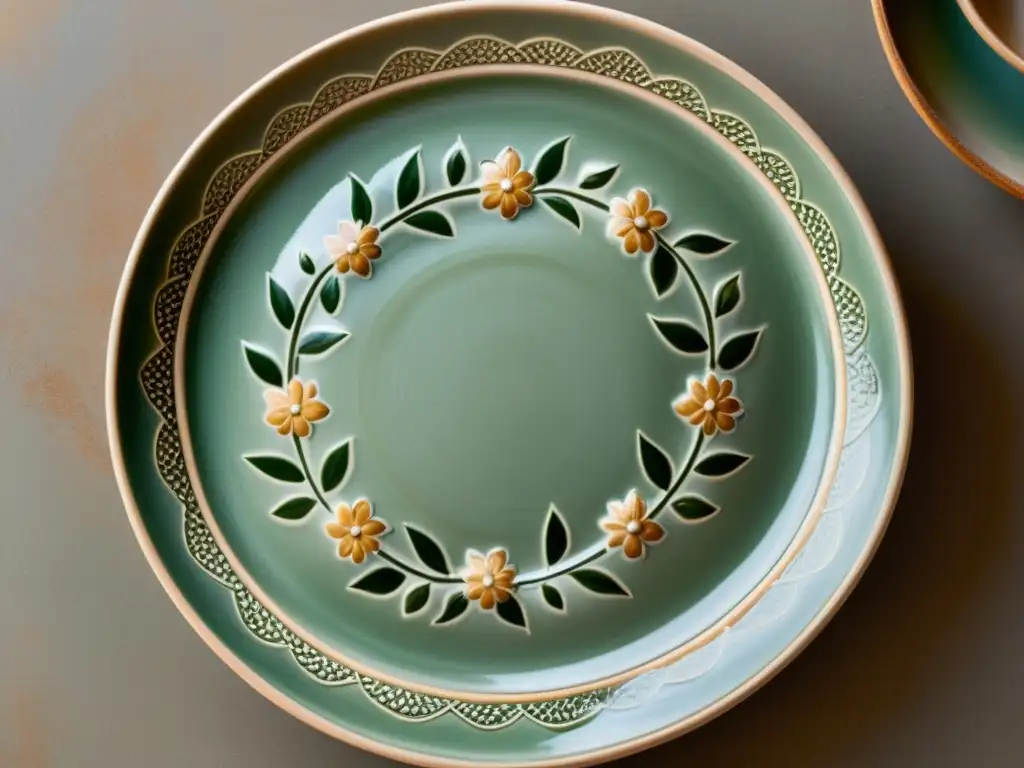 Una imagen detallada de un plato de cerámica artesanal, con un diseño floral en tonos terrosos y un acabado vintage