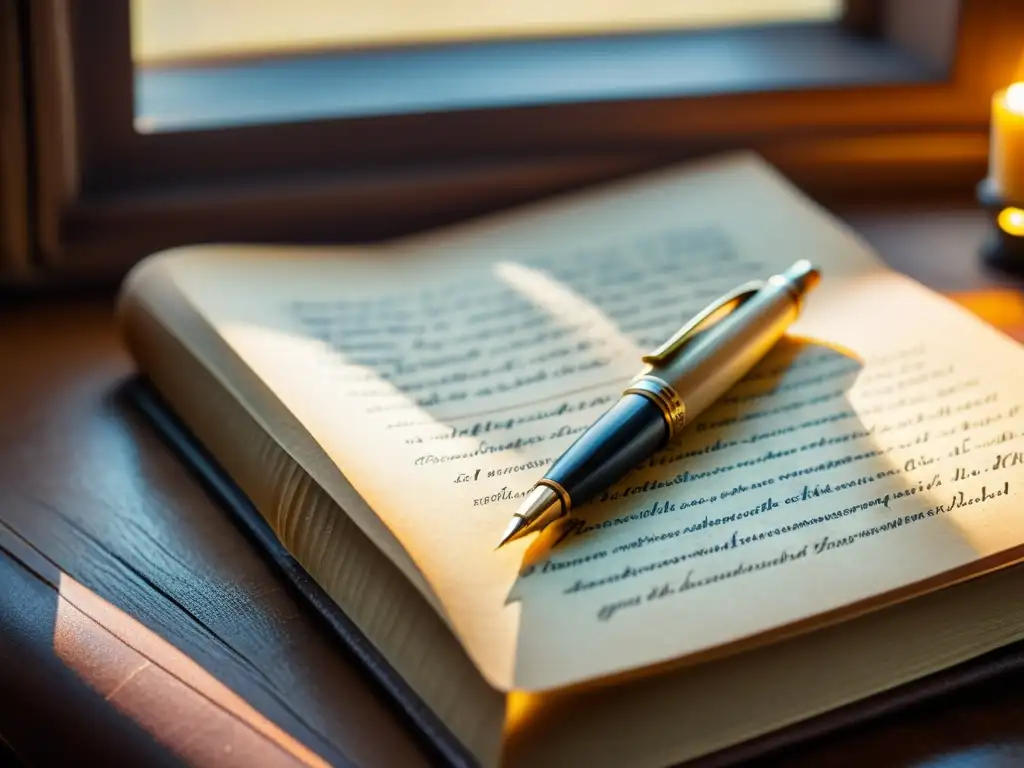 Una imagen evocadora de una pluma de caligrafía vintage descansando sobre un libro de cuero envejecido, con delicada escritura a la vista