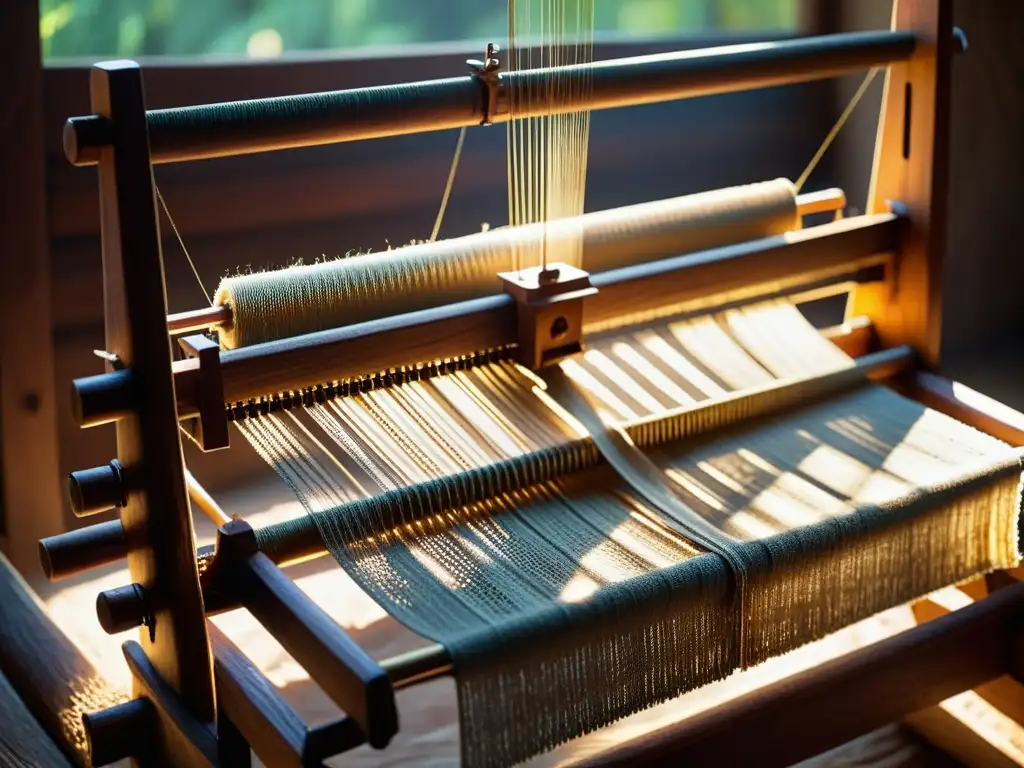 Una imagen evocadora de un telar de madera tradicional iluminado por la luz del sol, con hilos naturales teñidos