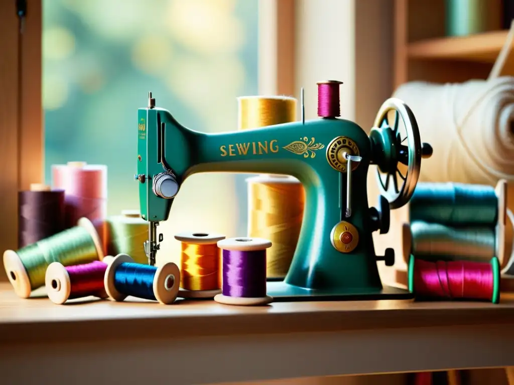 Una imagen de una máquina de coser vintage rodeada de bobinas de hilo coloridas y artesanías recicladas, iluminada con una luz cálida y suave, representa la creatividad del upcycling en el mercado artesanal digital